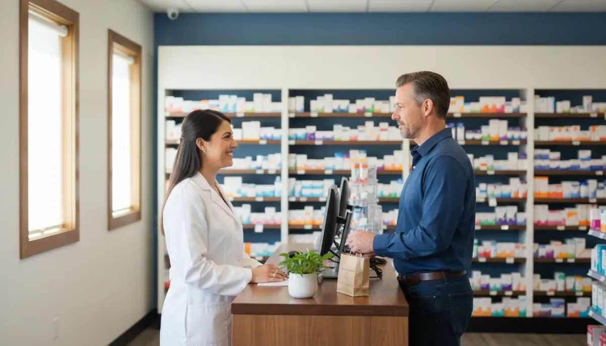 A high-quality photo of a real pharmacist talking with a patient at the counter of a modern community pharmacy in Katy, Texas. The pharmacy interior is bright, welcoming, and organized, with medicine shelves in the background and soft natural lighting.