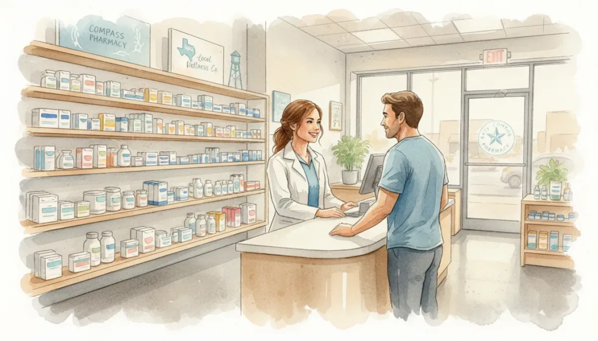 professional photorealistic scene inside a bright, modern independent pharmacy in Katy TX, friendly pharmacist speaking with a patient at the counter, neatly organized shelves, neutral color palette with warm lighting, subtle signage showing local Katy references