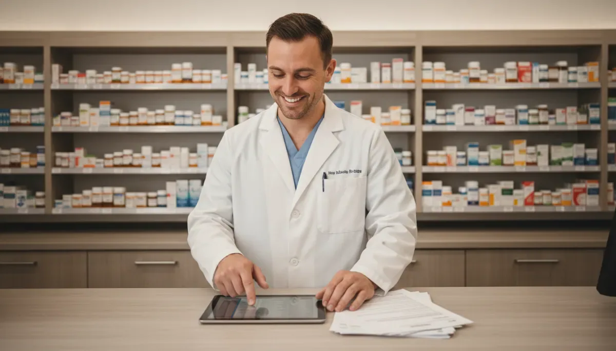 professional photo of a friendly pharmacist in a neutral-toned Katy TX pharmacy, smiling while reviewing a patient’s medication list at the counter, shelves of neatly organized prescription bottles in the background
